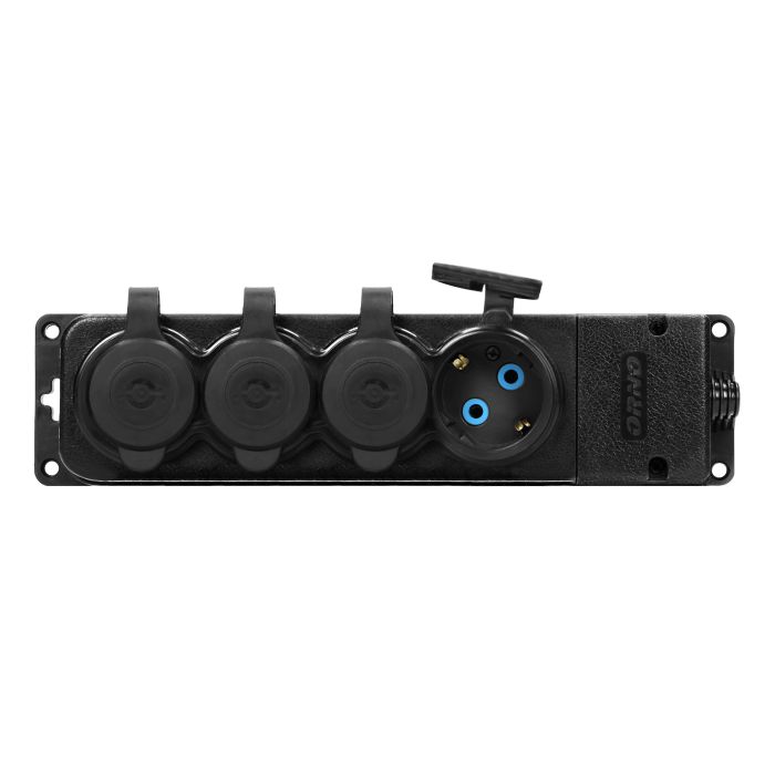 140129-Heavy-duty extension socket, rubber, schuko IP44, 4 schuko sockets,very low 5cm profile for Netherlands and Germany -ORN
