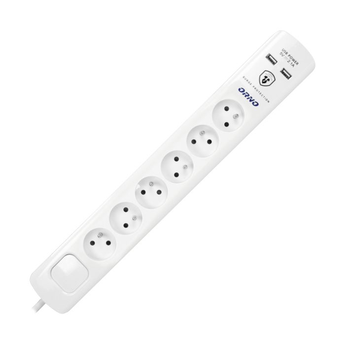 140140-Power strip with surge protection and main switch 6 sockets, 2 USB chargers, cable 3x1mm2, 3m long, total power consumption of 2300W, for Belgium and France -ORN