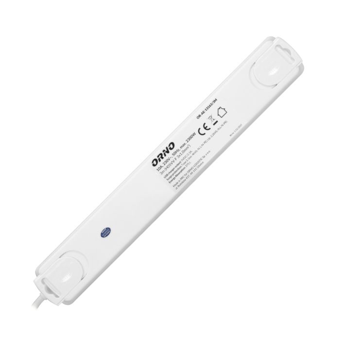 140140-Power strip with surge protection and main switch 6 sockets, 2 USB chargers, cable 3x1mm2, 3m long, total power consumption of 2300W, for Belgium and France -ORN