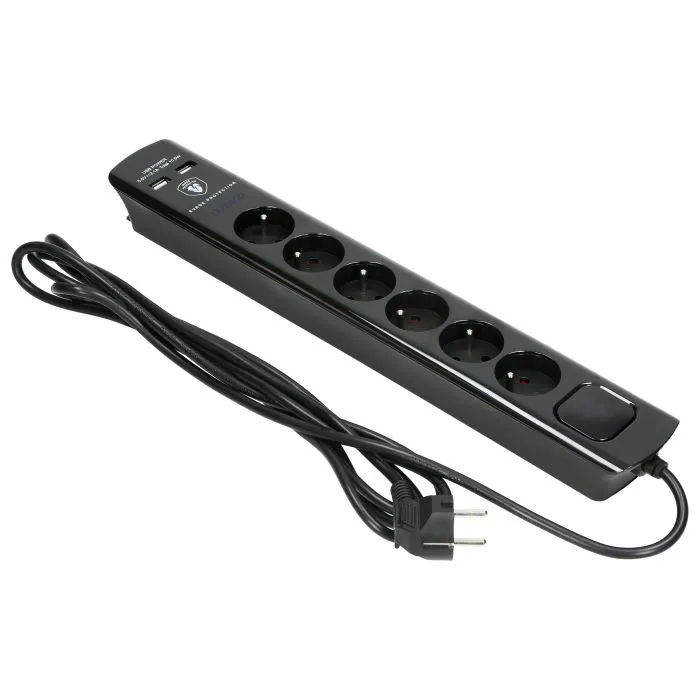 140141-Power strip with surge protection and main switch, black 6 sockets, 2 USB chargers, cable 3x1mm2, 3m long, total power consumption of 2300W, for Belgium and France -ORN