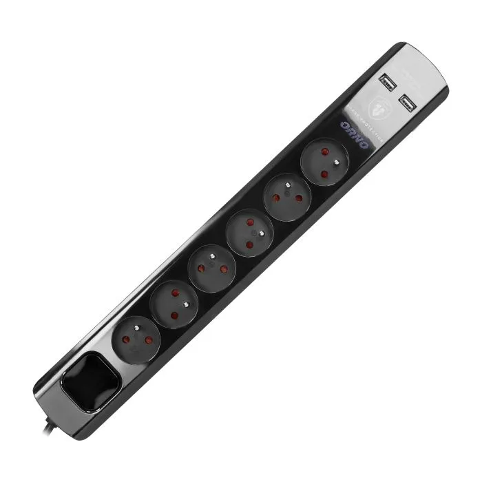 140141-Power strip with surge protection and main switch, black 6 sockets, 2 USB chargers, cable 3x1mm2, 3m long, total power consumption of 2300W, for Belgium and France -ORN