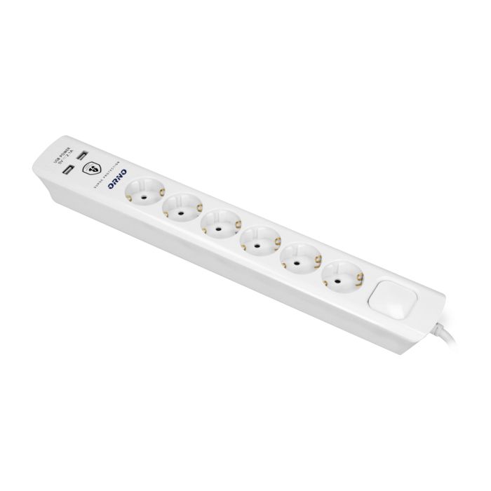 140143-Power strip with surge protection and main switch, schuko 6 schuko sockets, 2 USB chargers, cable 3x1,5mm2, 3m long, total power consumption of 3680W, for Netherlands and Germany -ORN