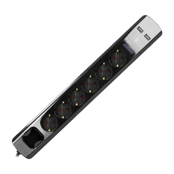140144-Power strip with surge protection and main switch, schuko, black 6 schuko sockets, 2 USB chargers, cable 3x1,5mm2, 3m long, total power consumption of 3680W, for Netherlands and Germany -ORN