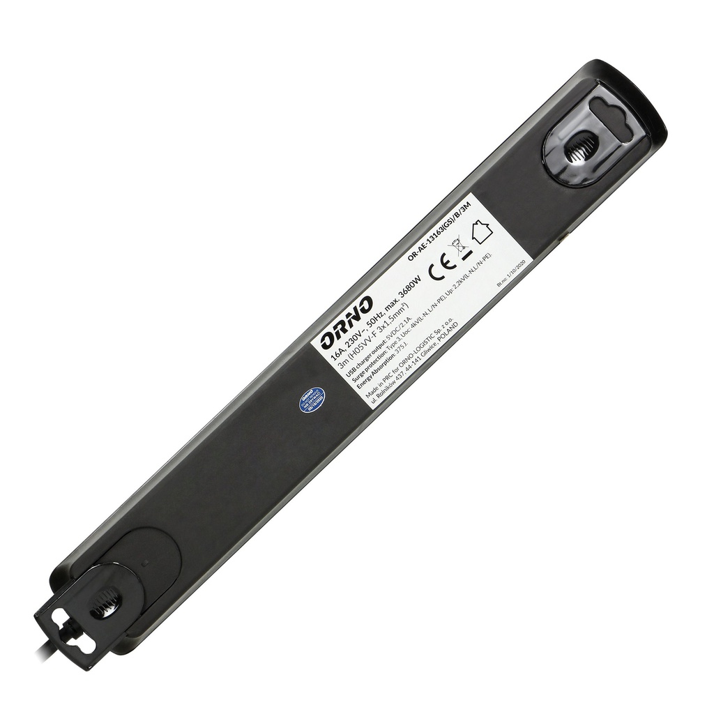 140144-Power strip with surge protection and main switch, schuko, black 6 schuko sockets, 2 USB chargers, cable 3x1,5mm2, 3m long, total power consumption of 3680W, for Netherlands and Germany -ORN