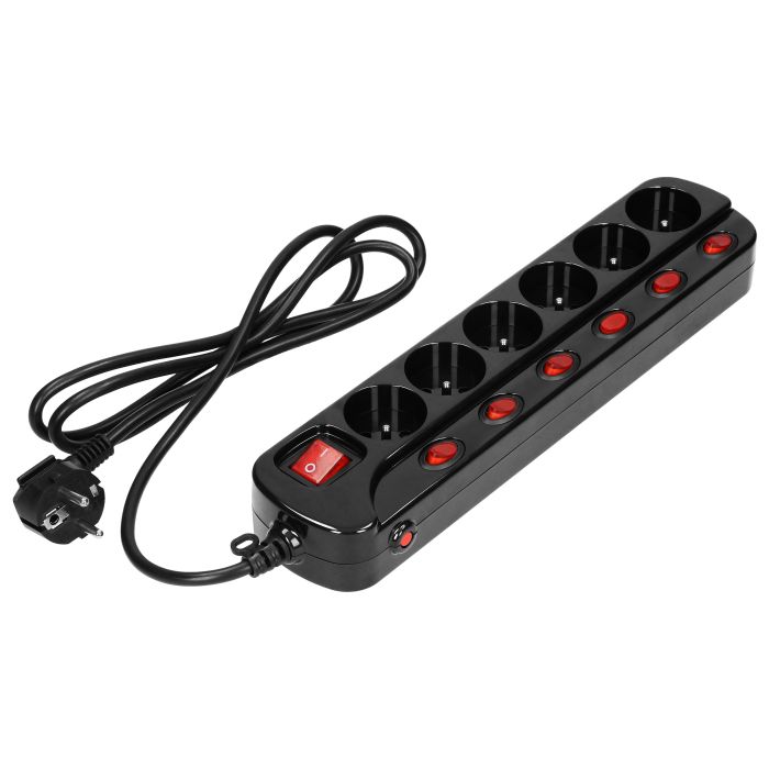 140400-Multiswitch power strip with 6 2P+E sockets, cable 3x1mm², 1.5m long. Thermal protection switch, 10A/230 VAC, black