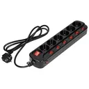 140400-Multiswitch power strip with 6 2P+E sockets, cable 3x1mm², 1.5m long. Thermal protection switch, 10A/230 VAC, black