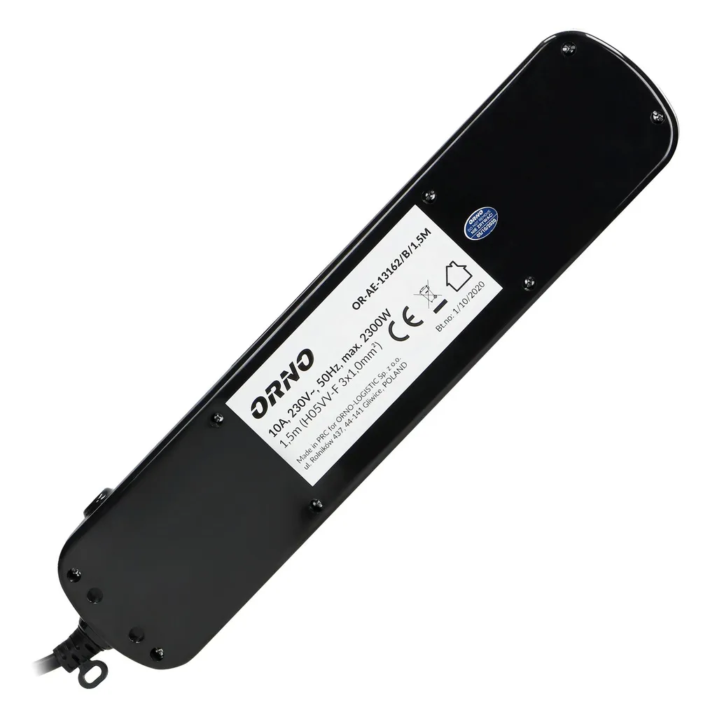 140400-Multiswitch power strip with 6 2P+E sockets, cable 3x1mm², 1.5m long. Thermal protection switch, 10A/230 VAC, black