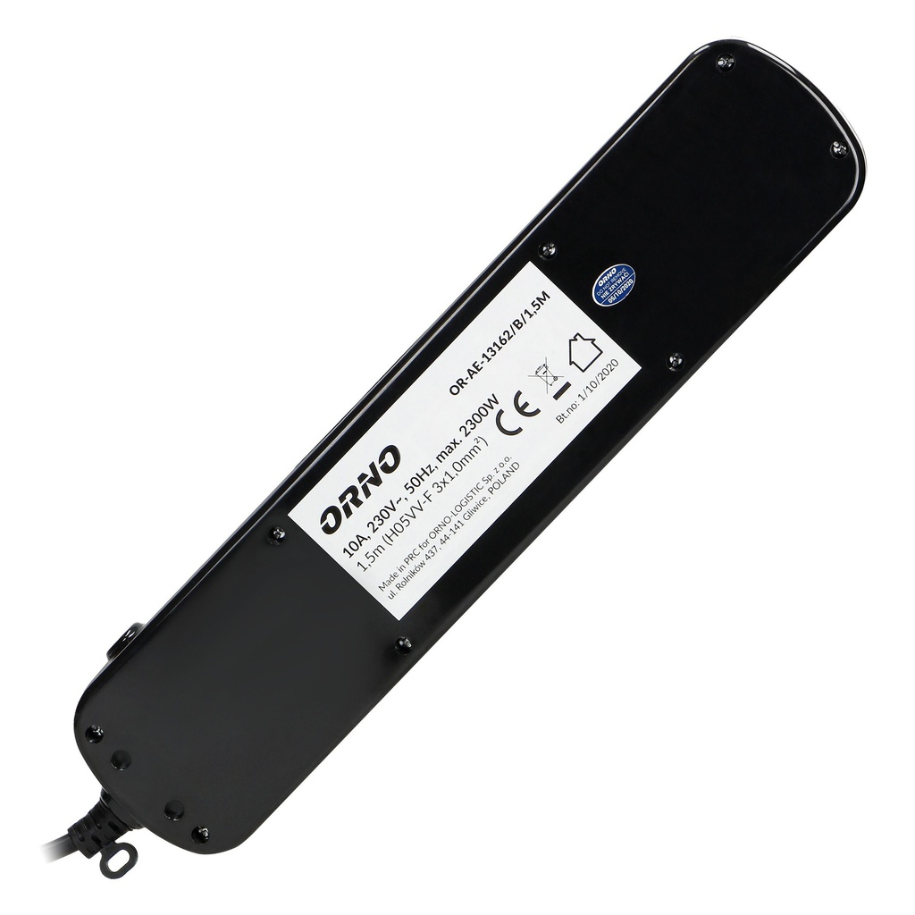 140400-Multiswitch power strip with 6 2P+E sockets, cable 3x1mm², 1.5m long. Thermal protection switch, 10A/230 VAC, black
