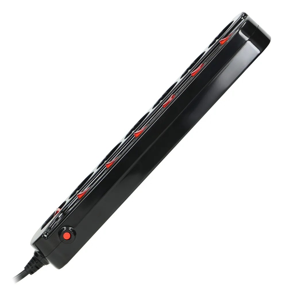 140400-Multiswitch power strip with 6 2P+E sockets, cable 3x1mm², 1.5m long. Thermal protection switch, 10A/230 VAC, black