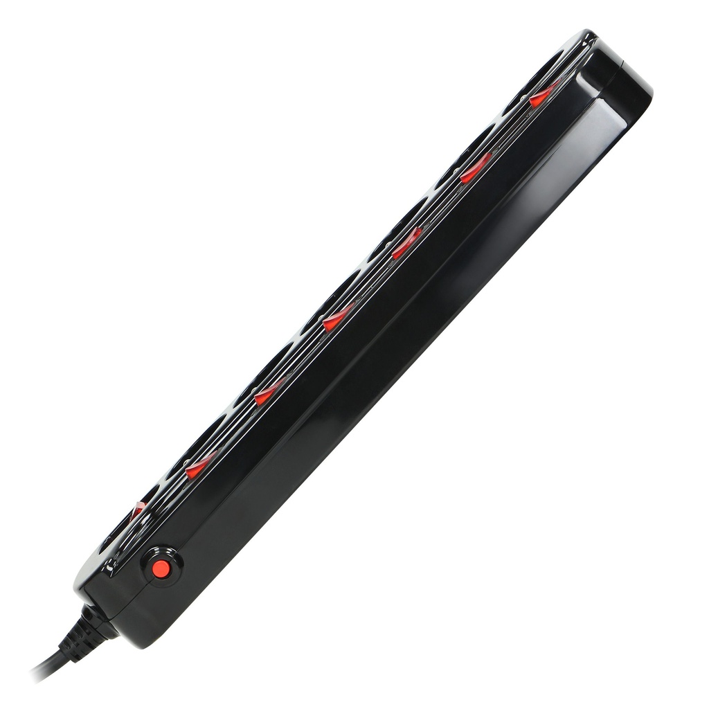 140400-Multiswitch power strip with 6 2P+E sockets, cable 3x1mm², 1.5m long. Thermal protection switch, 10A/230 VAC, black