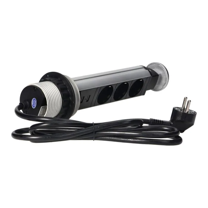 140375-Pop up Ø6cm desk socket with USB charger, 1.8m cable and locking system, 3x2P+E (Schuko), WHITE