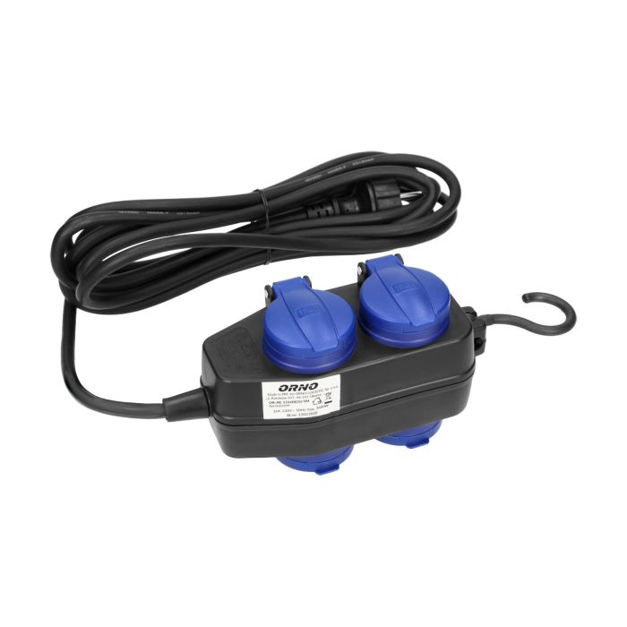 140366-Heavy-duty, splash-proof extension sockets, rubber cord, IP44, H05RR-F 3x1.5mm² - 5m, 2+2 x 2P+E(schuko), for Netherlands and Germany-ORN