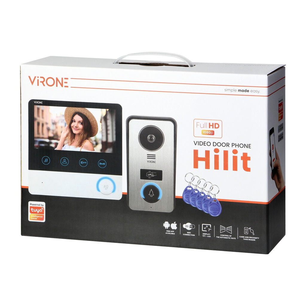 140333- HILIT Full HD video doorphone set, handset-free, with a colour monitor 7”, card/proximity tags, operation via Tuya application-ORN