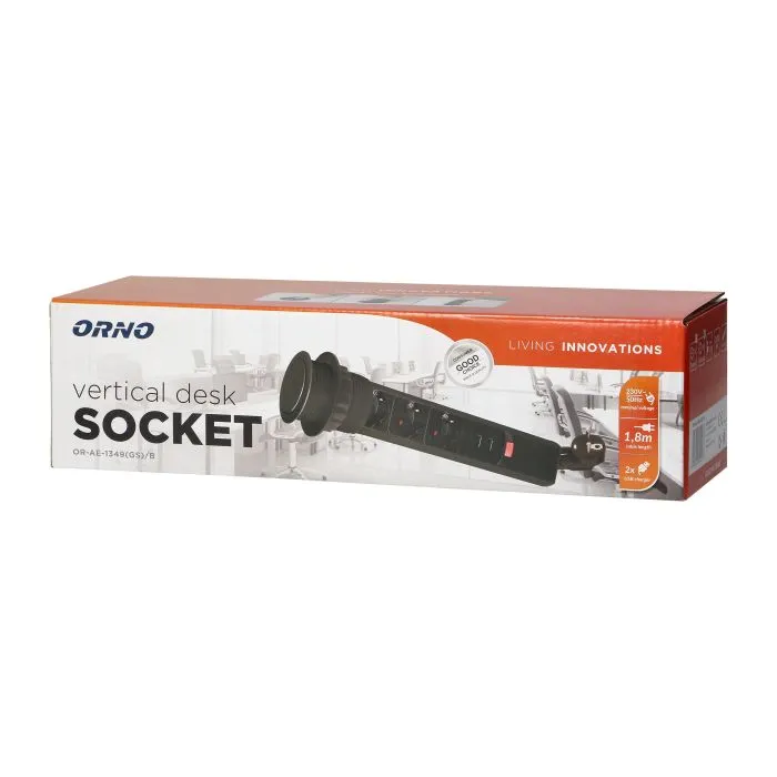 140319- Pop up Ø6cm desk socket with USB charger, 1.8m cable and locking system, 3x2P+E (Schuko), black, for Netherlands and Germany-ORN