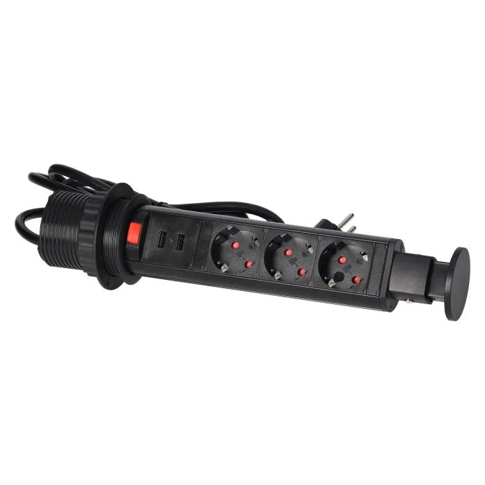 140319- Pop up Ø6cm desk socket with USB charger, 1.8m cable and locking system, 3x2P+E (Schuko), black, for Netherlands and Germany-ORN