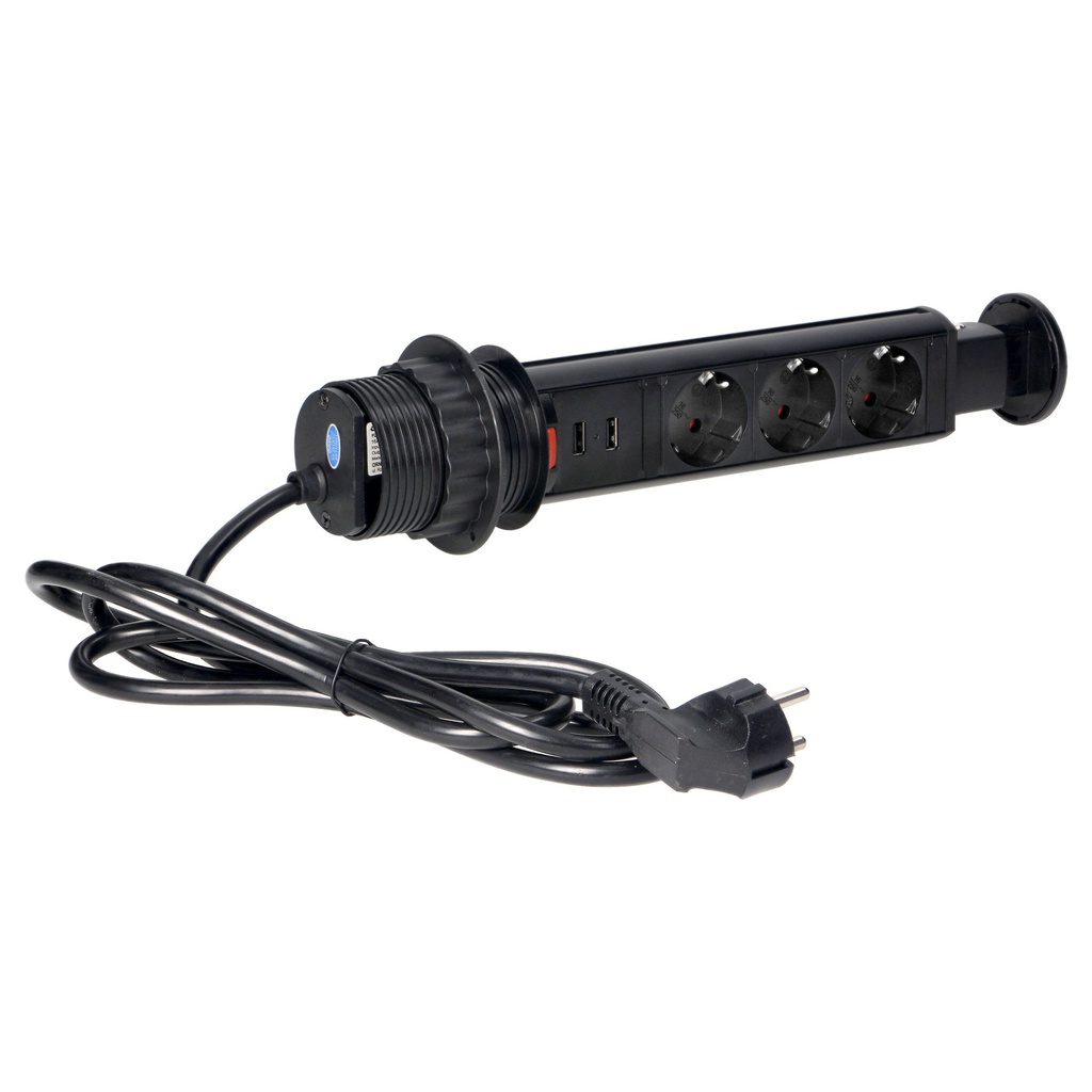 140319- Pop up Ø6cm desk socket with USB charger, 1.8m cable and locking system, 3x2P+E (Schuko), black, for Netherlands and Germany-ORN