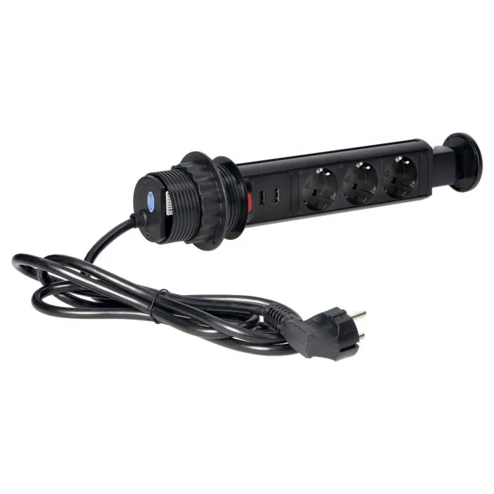 140316- Pop up Ø6cm desk socket with USB charger, 1.8m cable and locking system, 3x2P+E, black, for Belgium and France-ORN
