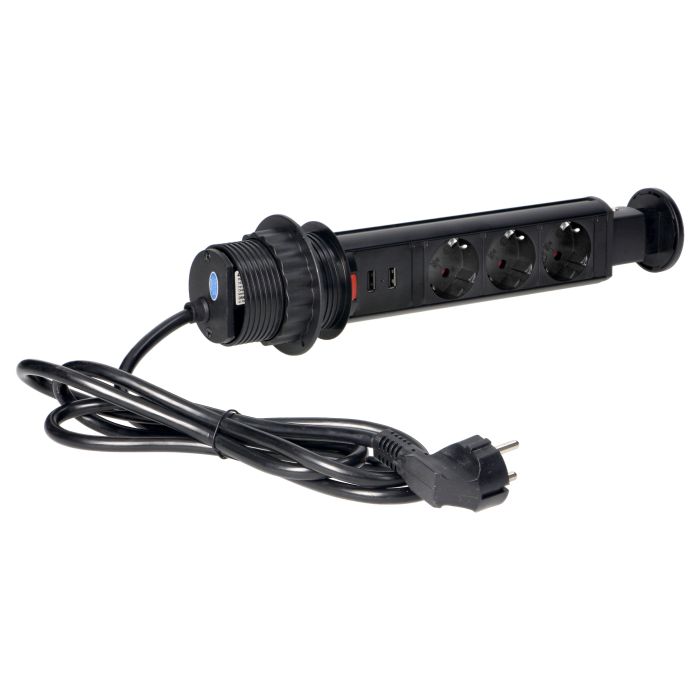 140316- Pop up Ø6cm desk socket with USB charger, 1.8m cable and locking system, 3x2P+E, black, for Belgium and France-ORN