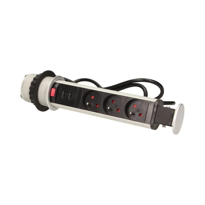 140315- Pop up desk socket ⌀6cm with USB chargers and 1.8m cable, for Belgium and France -ORN