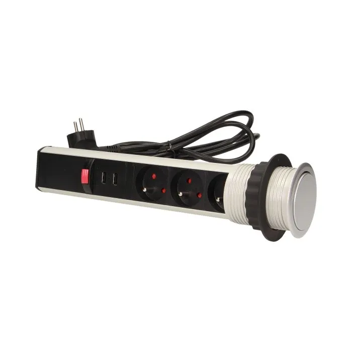 140315- Pop up desk socket ⌀6cm with USB chargers and 1.8m cable, for Belgium and France -ORN