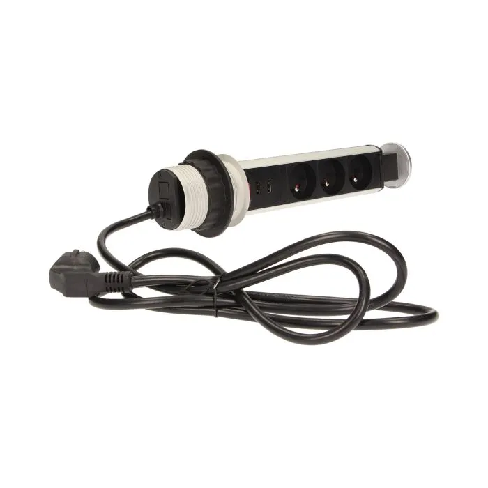 140315- Pop up desk socket ⌀6cm with USB chargers and 1.8m cable, for Belgium and France -ORN