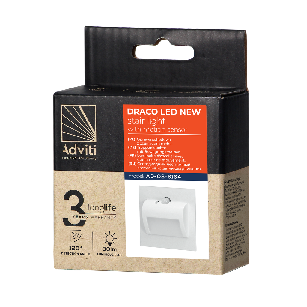 140521-DRACO LED NEW 1.5W, recessed step light, 12VDC, 30lm, 6000K, white, motion and twilight sensors