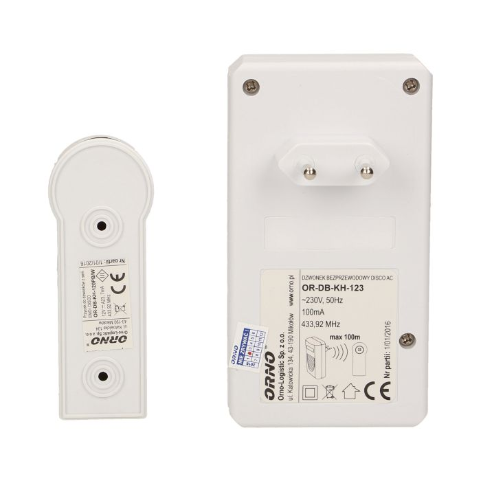 140533 - DISCO DC wireless doorbell, 230V with learning system AC 230V, range in open field: 70 m, color - white, waterproof button (IP44)