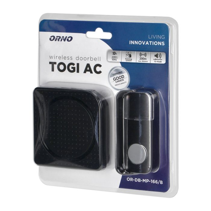 140538 - TOGI AC wireless doorbell, 230V with learning system, black range in open field - up to 200m, waterproof button (IP56), 38 selectable ring-tones