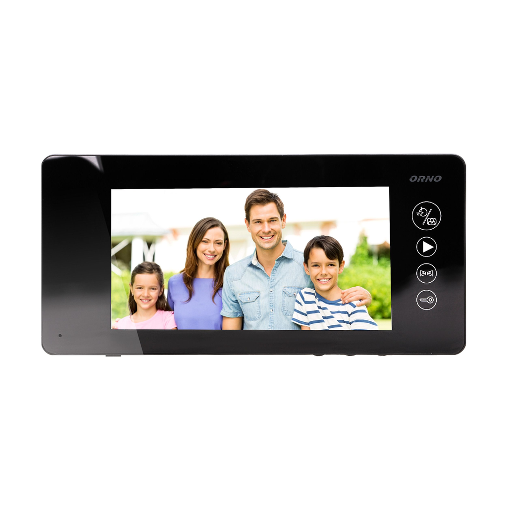 140571 - ARCUS RFID, 7˝ single family video doorphone, black  9 selectable ringtones, a touch panel with backlit buttons and an additional gate control function, it supports two inputs (the possibility of connecting two video cameras)