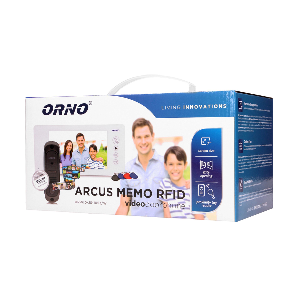 140572 - ARCUS RFID, 7˝ single family video doorphone, white  9 selectable ringtones, a touch panel with backlit buttons and an additional gate control function, it supports two inputs (the possibility of connecting two video cameras)
