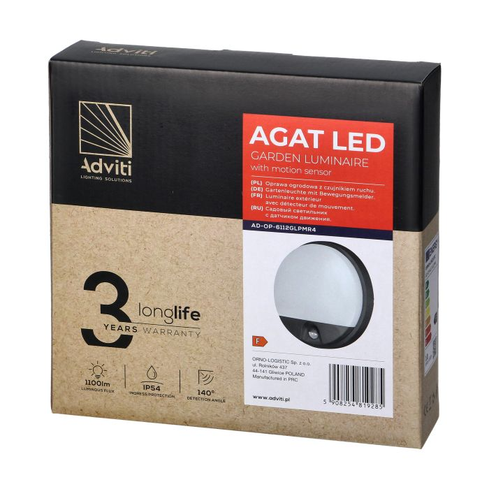 140785 - AGAT LED 15W, garden luminaire, grey with PIR, 1100lm, IP54, 4000K