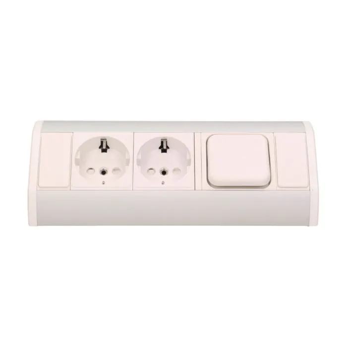 141188 - Furniture socket with switch, silver-white, Schuko A set of three network sockets with grounding and current circuit's diaphragms with a switch, ideal for mounting in cabinets, display cases and display cabinets.
