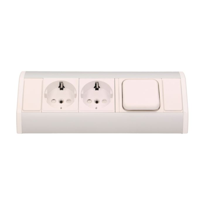 141188 - Furniture socket with switch, silver-white, Schuko A set of three network sockets with grounding and current circuit's diaphragms with a switch, ideal for mounting in cabinets, display cases and display cabinets.