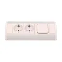 141188 - Furniture socket with switch, silver-white, Schuko A set of three network sockets with grounding and current circuit's diaphragms with a switch, ideal for mounting in cabinets, display cases and display cabinets.