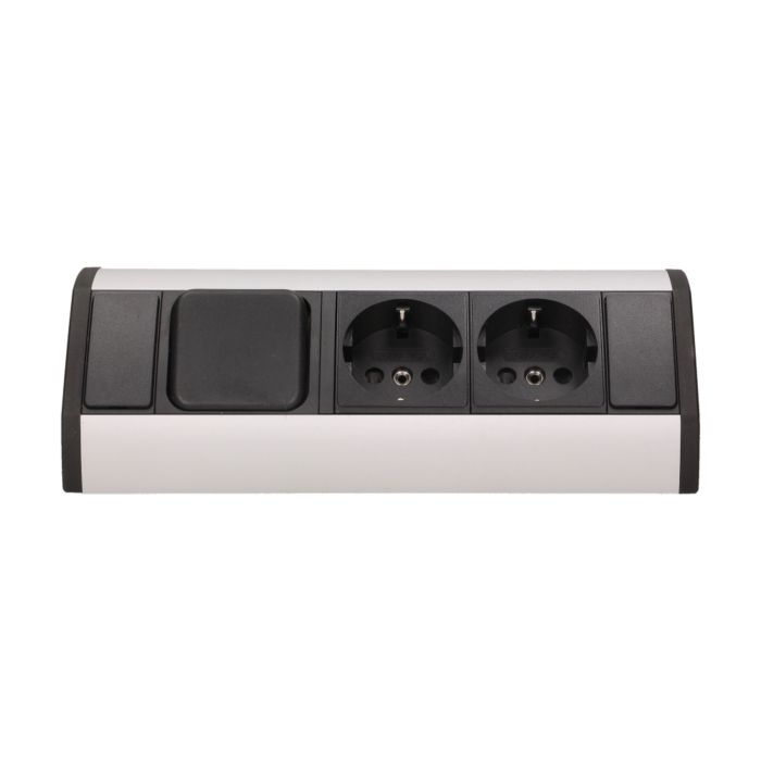 141187 - Furniture socket with switch, silver-black, Schuko A set of three network sockets with grounding and current circuit's diaphragms with a switch, ideal for mounting in cabinets, display cases and display cabinets.
