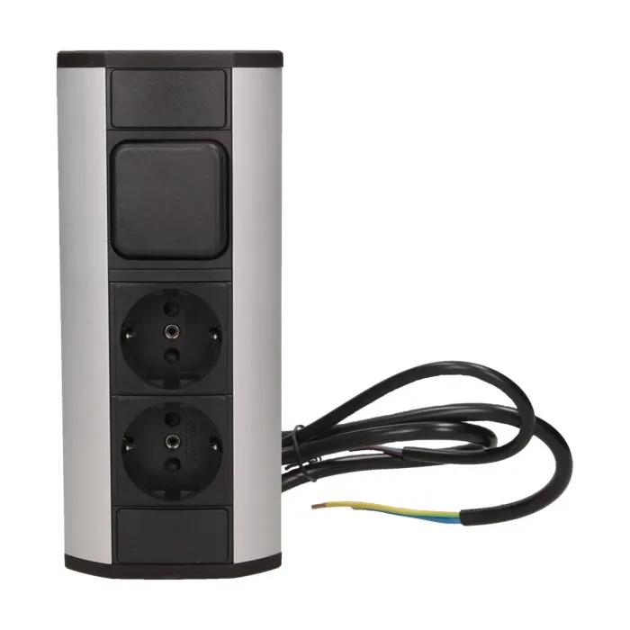 141187 - Furniture socket with switch, silver-black, Schuko A set of three network sockets with grounding and current circuit's diaphragms with a switch, ideal for mounting in cabinets, display cases and display cabinets.
