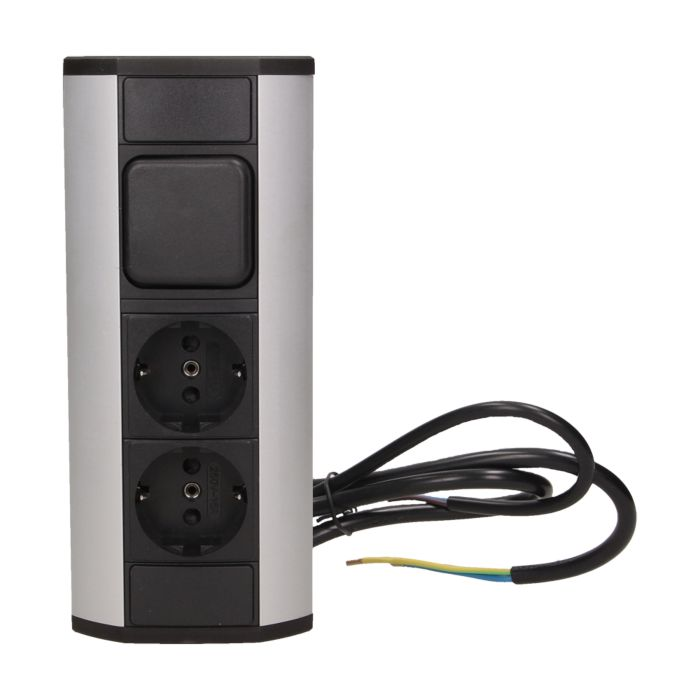 141187 - Furniture socket with switch, silver-black, Schuko A set of three network sockets with grounding and current circuit's diaphragms with a switch, ideal for mounting in cabinets, display cases and display cabinets.