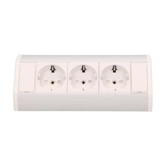 141184 - Furniture socket, silver-white, Schuko A set of three network sockets with grounding and current circuit's diaphragms, ideal for mounting in cabinets, display cases and display cabinets.