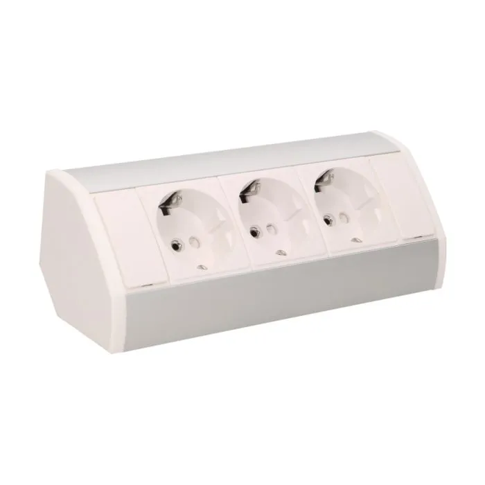141184 - Furniture socket, silver-white, Schuko A set of three network sockets with grounding and current circuit's diaphragms, ideal for mounting in cabinets, display cases and display cabinets.