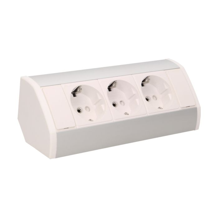 141184 - Furniture socket, silver-white, Schuko A set of three network sockets with grounding and current circuit's diaphragms, ideal for mounting in cabinets, display cases and display cabinets.