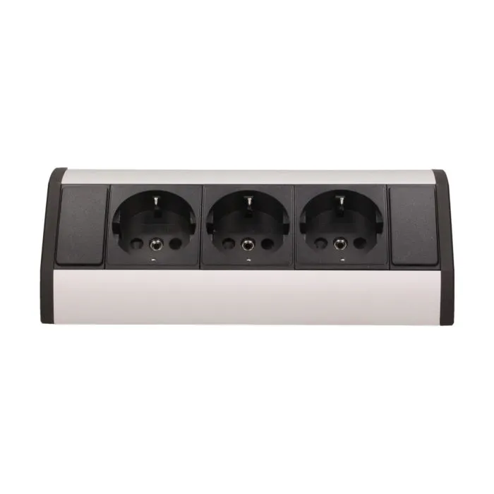 141183 - Furniture socket, silver-black, Schuko A set of three network sockets with grounding and current circuit's diaphragms, ideal for mounting in cabinets, display cases and display cabinets.