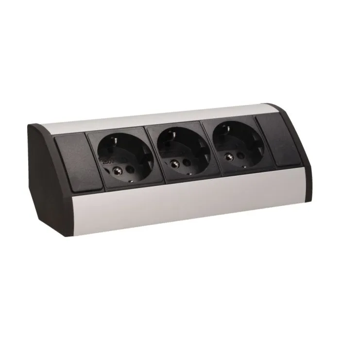 141183 - Furniture socket, silver-black, Schuko A set of three network sockets with grounding and current circuit's diaphragms, ideal for mounting in cabinets, display cases and display cabinets.