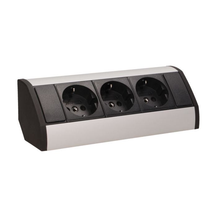 141183 - Furniture socket, silver-black, Schuko A set of three network sockets with grounding and current circuit's diaphragms, ideal for mounting in cabinets, display cases and display cabinets.