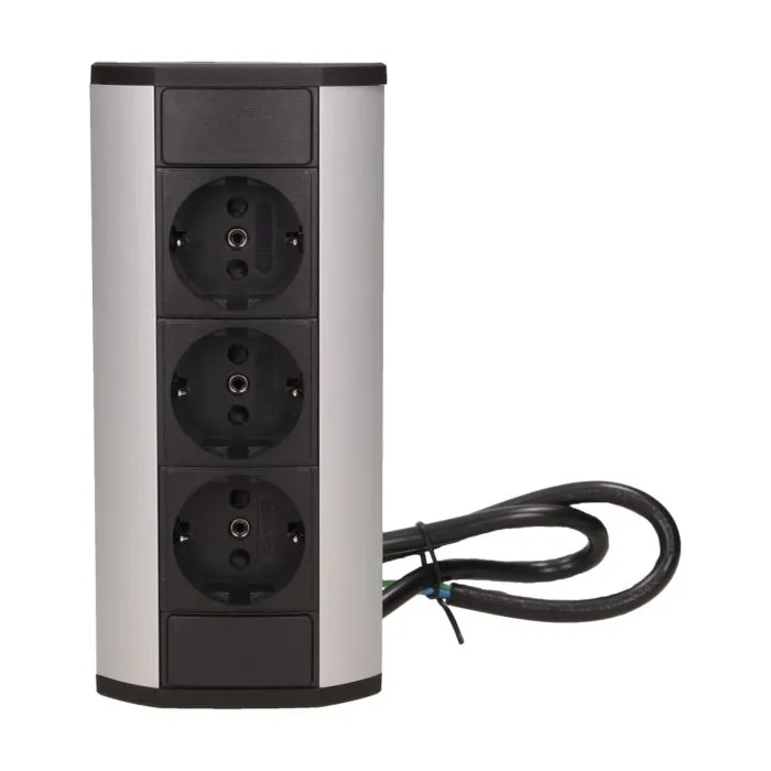 141183 - Furniture socket, silver-black, Schuko A set of three network sockets with grounding and current circuit's diaphragms, ideal for mounting in cabinets, display cases and display cabinets.