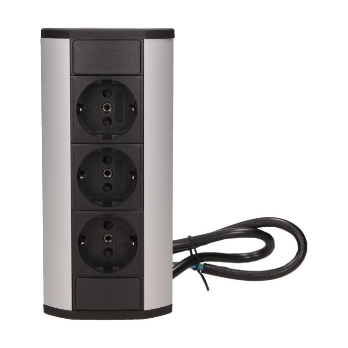 141183 - Furniture socket, silver-black, Schuko A set of three network sockets with grounding and current circuit's diaphragms, ideal for mounting in cabinets, display cases and display cabinets.