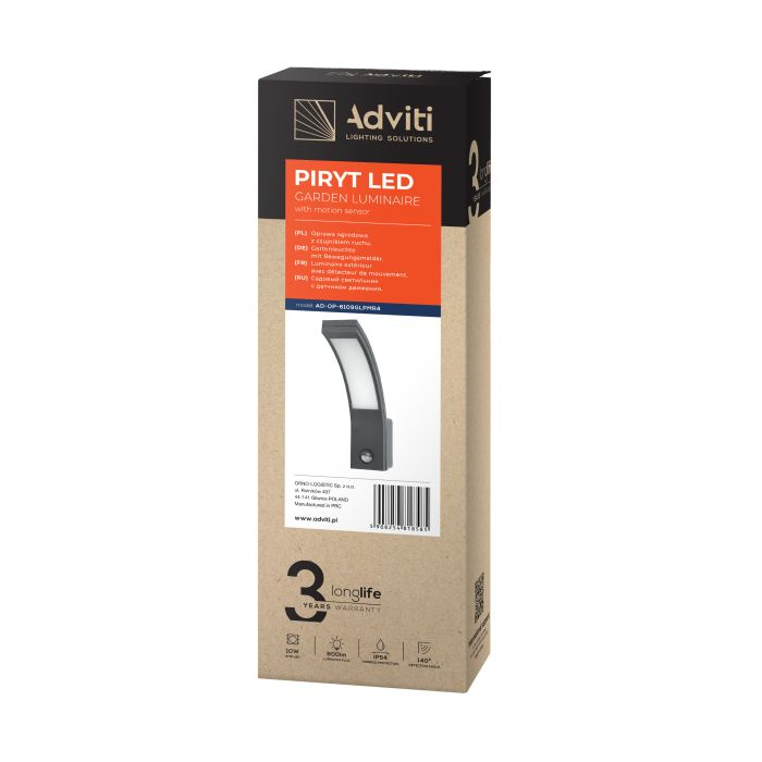 140794 - PIRYT LED 10W, garden luminaire, grey with motion sensor 140°, 800lm, IP54, 4000