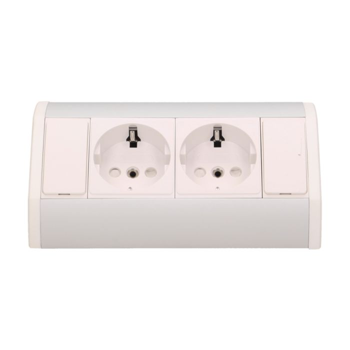 141181 - Furniture socket, silver-white, Schuko A set of two network sockets with grounding and current circuit's diaphragms, ideal for mounting in cabinets, display cases and display cabinets.