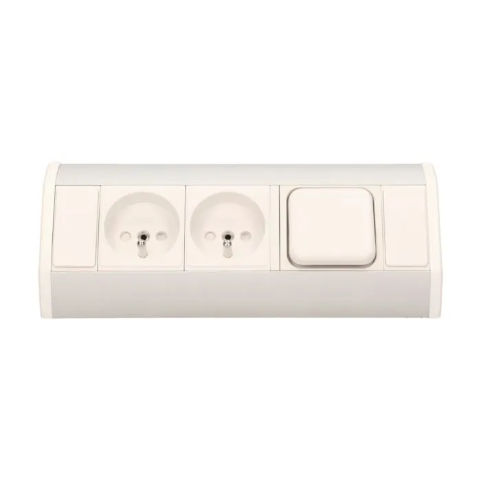 141175 - Furniture socket with switch, silver-white A set of three network sockets with grounding and current circuit's diaphragms with a switch, ideal for mounting in cabinets, display cases and display cabinets.
