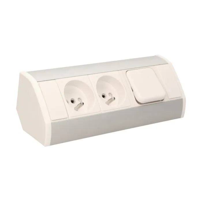141175 - Furniture socket with switch, silver-white A set of three network sockets with grounding and current circuit's diaphragms with a switch, ideal for mounting in cabinets, display cases and display cabinets.