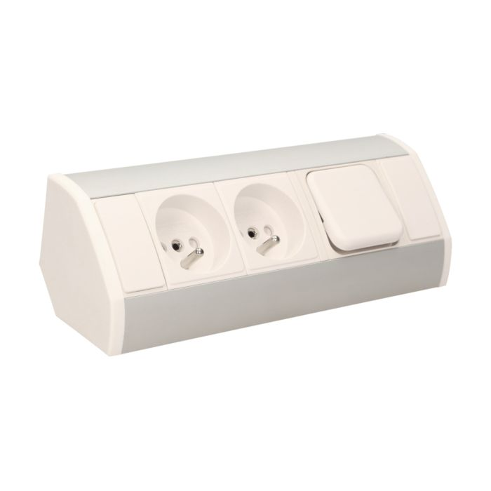 141175 - Furniture socket with switch, silver-white A set of three network sockets with grounding and current circuit's diaphragms with a switch, ideal for mounting in cabinets, display cases and display cabinets.